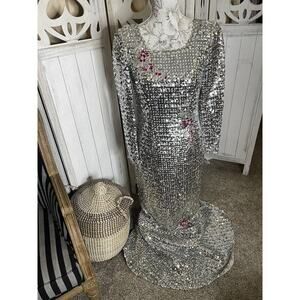 Vintage 60’s 70s Silver Sequin Mermaid Gown Dress Metallic Floral Glam Hollywood